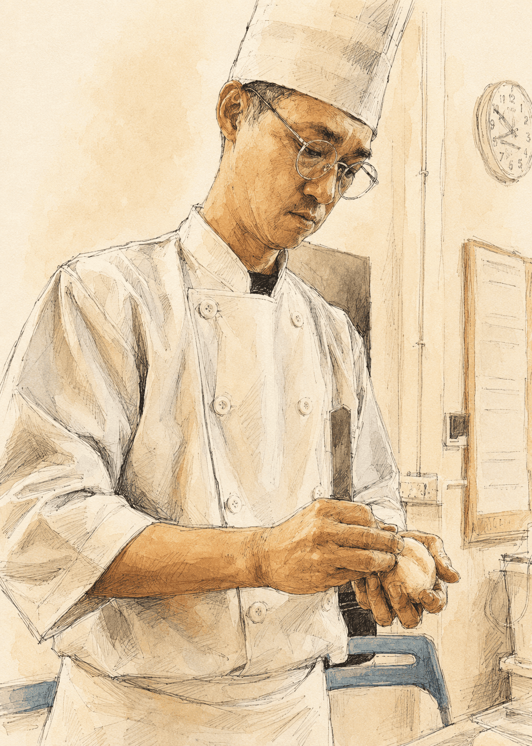 An ink and watercolour portrait of Simon shaping dough at the bakery counter